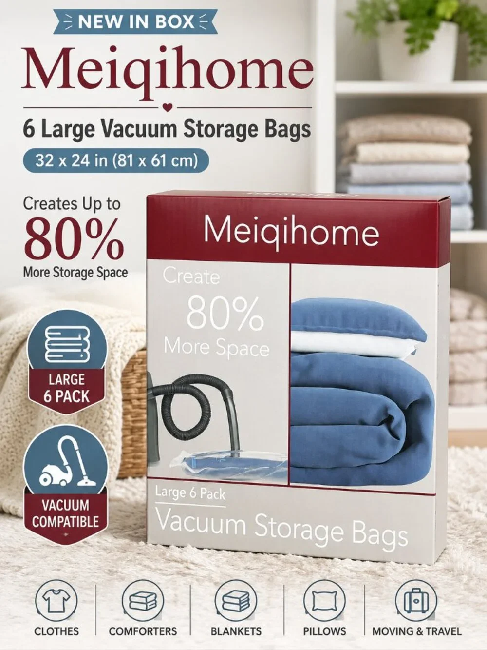 NWT Meiqihome Large Vacuum Storage Bags 6 Pack 32x24 Space Saver Organizer